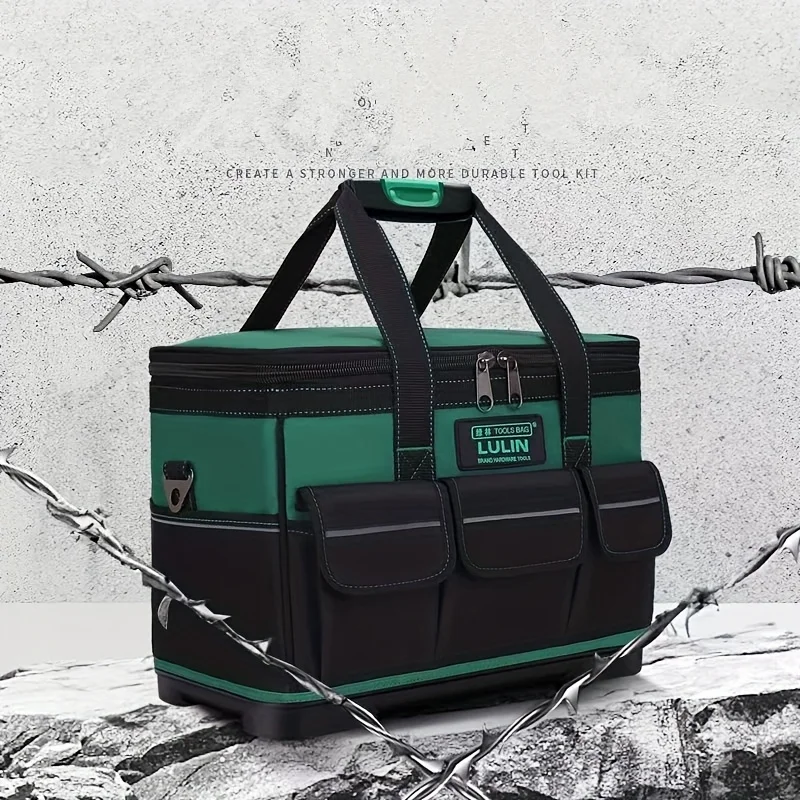 one-piece-green-and-black-tool-bag-multi-functional-large-capacity-tool-storage-box-woodworking-and-electrical-repair-canvas-tote-bag-size-18inch-21inch-in-two-specifications-multi-purpose-fishing-gear-storage-car-storage-construction-site-storage