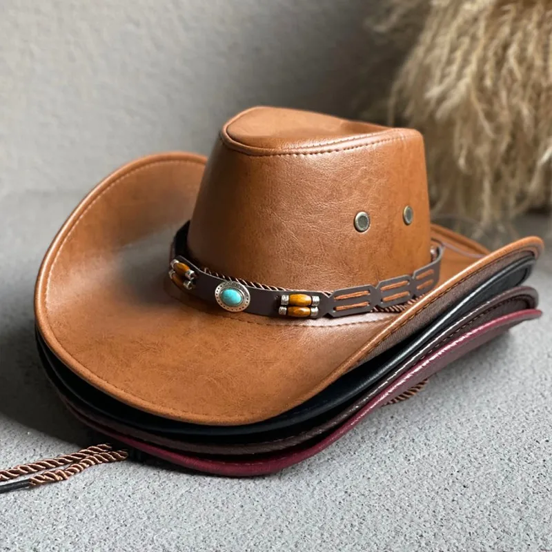 Faux Leather Western Cowboy Hat for Women Men Outdoor Sun Protection Hat Vintage Gentleman Dress Hat Panama Cowgirl Jazz Cap