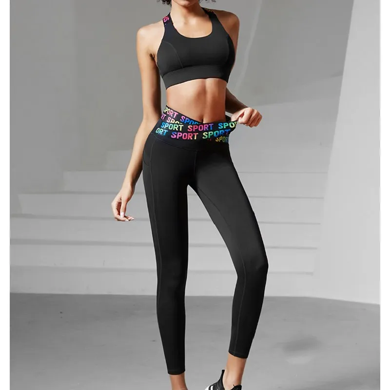 Women Contrasting Letters Legging Sport Fitness Athletic Tight Gym Push Up Jogging Yoga Pants High Waist Seamless Leggings