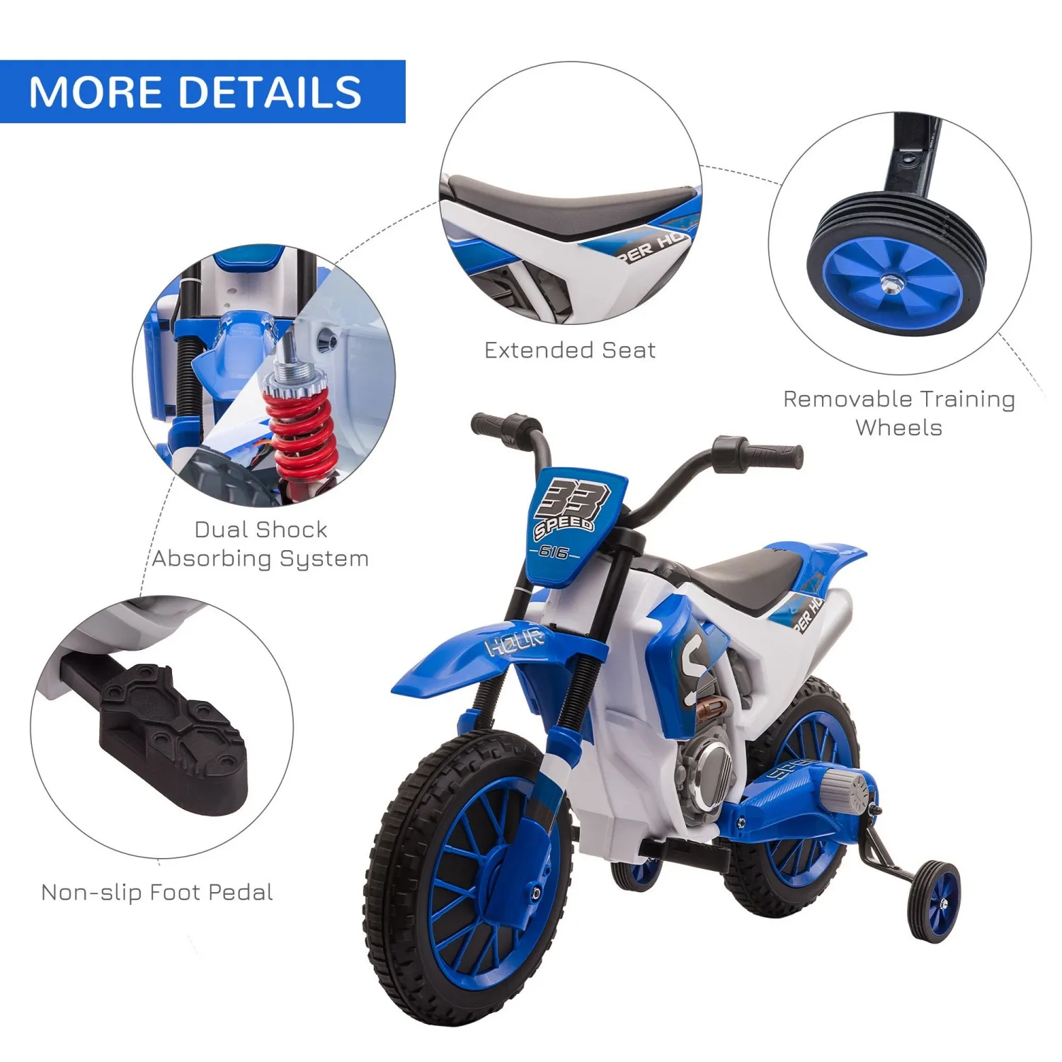 Aosom 12V Electric Motorbike for  Battery-Powered Motorcycle Ride-On Toy with Charging Battery Training Wheels Blue