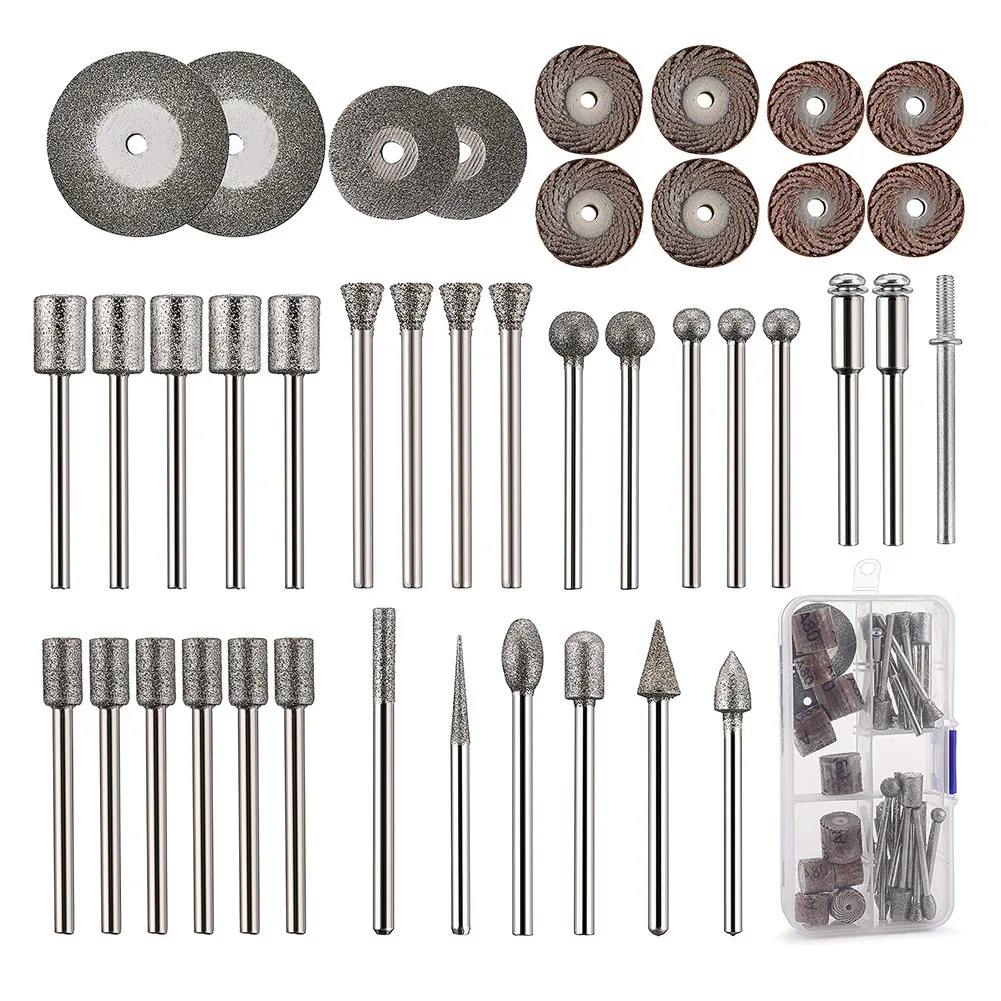 43Pcs Stone Carving Set,26 Diamond Burr Bits, 10 Impeller,4 Diamond Cutting Wheel,3 Metal Mandrel,Polishing Rotary Tools