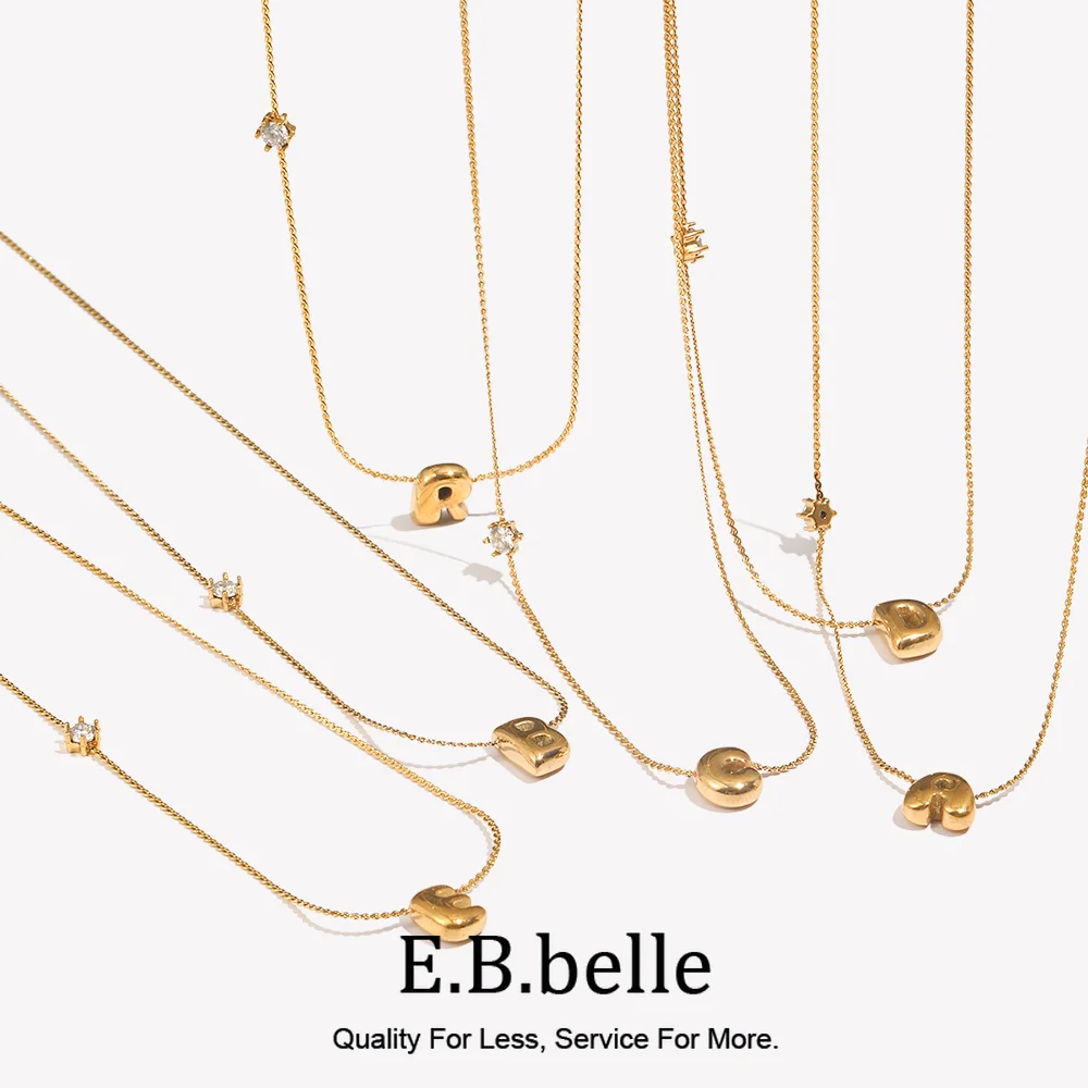 E.B.belle Zircon Bubble 26 Letters Necklace Stacked Jewelry 18K Gold Plated Stainless Steel For Women Charm Hypoallergenic