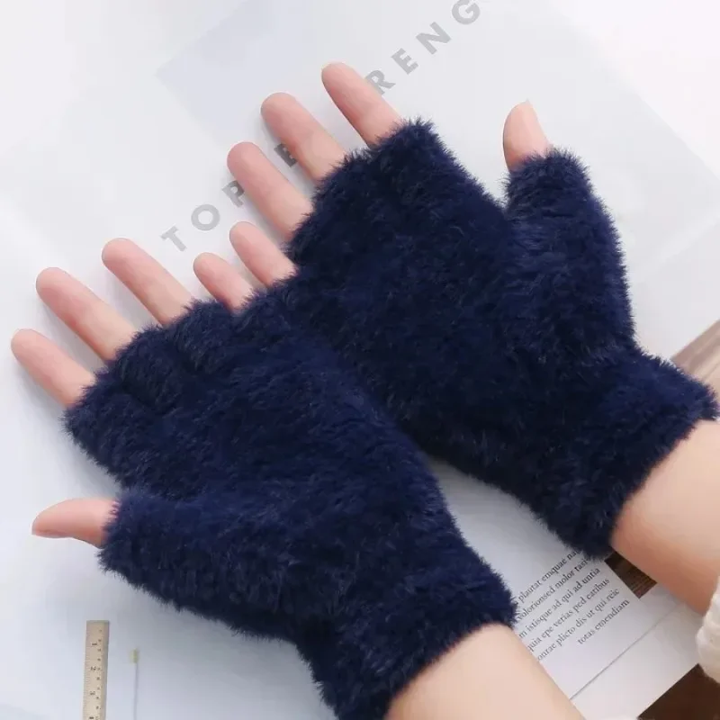 Guantes de Cachemira de visón de imitación para hombre y mujer, manoplas cálidas de medio dedo para deportes al aire libre, escritura de pantalla táctil, lana, Invierno