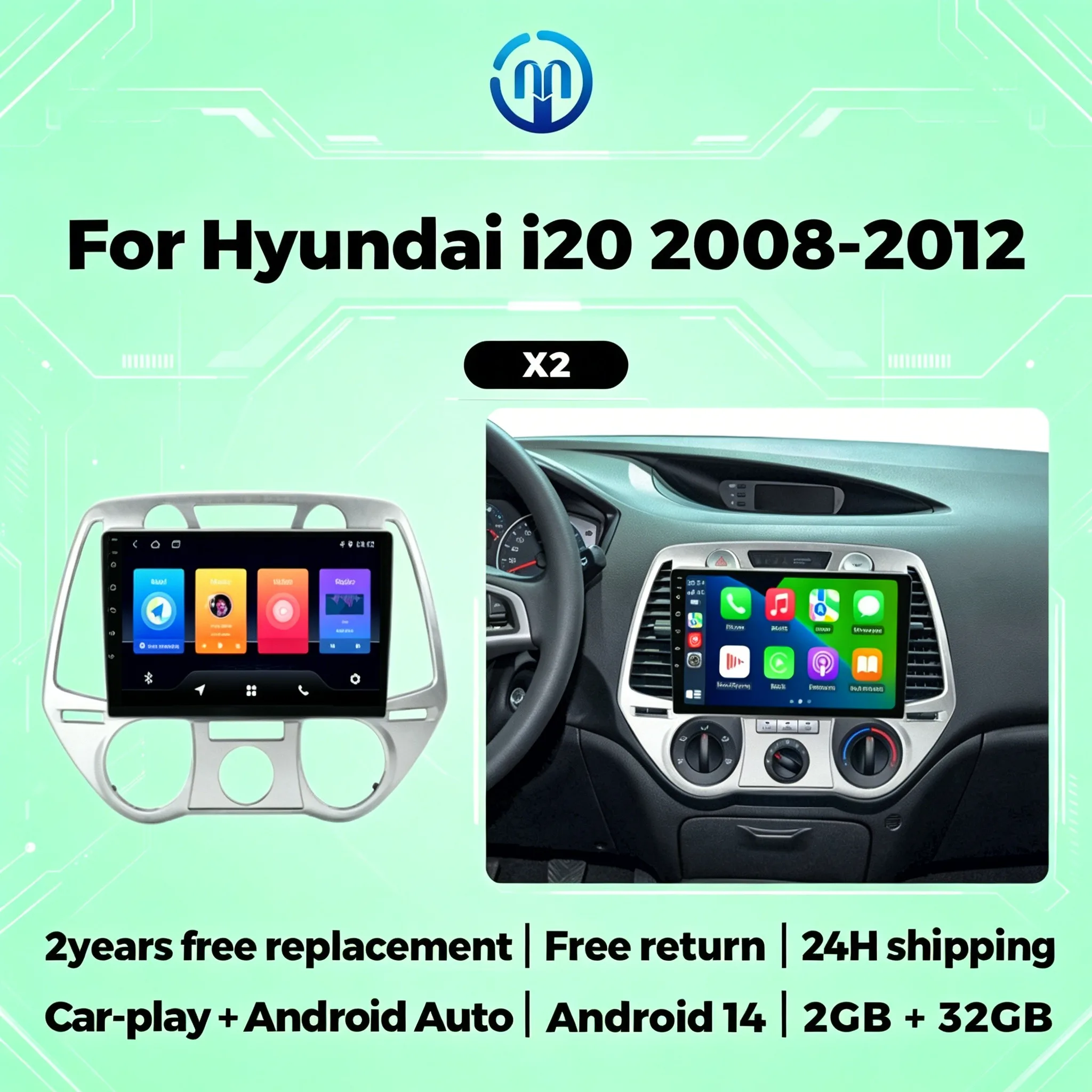 

9-дюймовый 2-DIN автомобильный радиоприемник для Hyundai i20 2008-2012 с GPS-навигацией, Android Auto, мультимедийным видеоплеером, FM-радио, Bluetooth и Wi-Fi