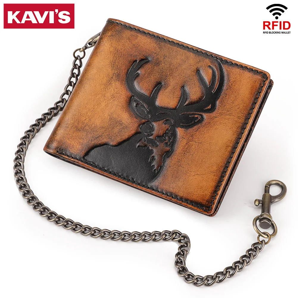 

KAVIS Vintage Chain Wallets for Men Genuine Leather Classic Slim Male Multi-function Multi Pocket Card Clip Wallet Cowskin