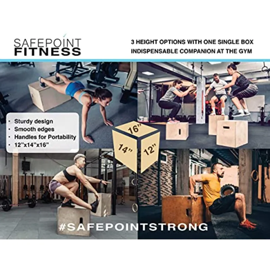 SafePoint Fitness 16 14 12 Antypoślizgowa Drewniana Skrzynka Plyo do Treningu Skoków, Ćwiczeń CrossFit, Skoków na Skrzynkę i Step-Upów, Łatwa w Montażu