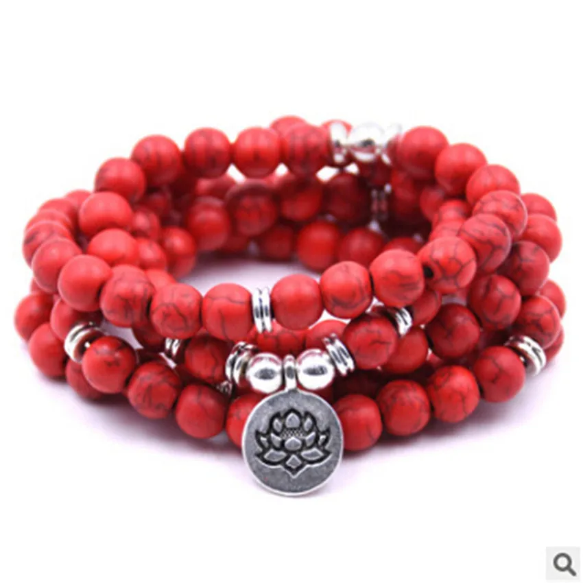 

6mm Red Turquoise Mala Bracelet 108 Beads Gemstone Pendant Crafted Men's Fragrant Health Peace Trendy Gift Prayer