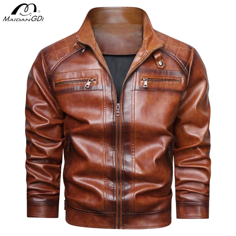 MaiDangDi 2025 Street Motorcycle Punk Style Men's Leather Jacket Multi Pocket Tough Guy Men Jacket Standing Collar Male Clothing