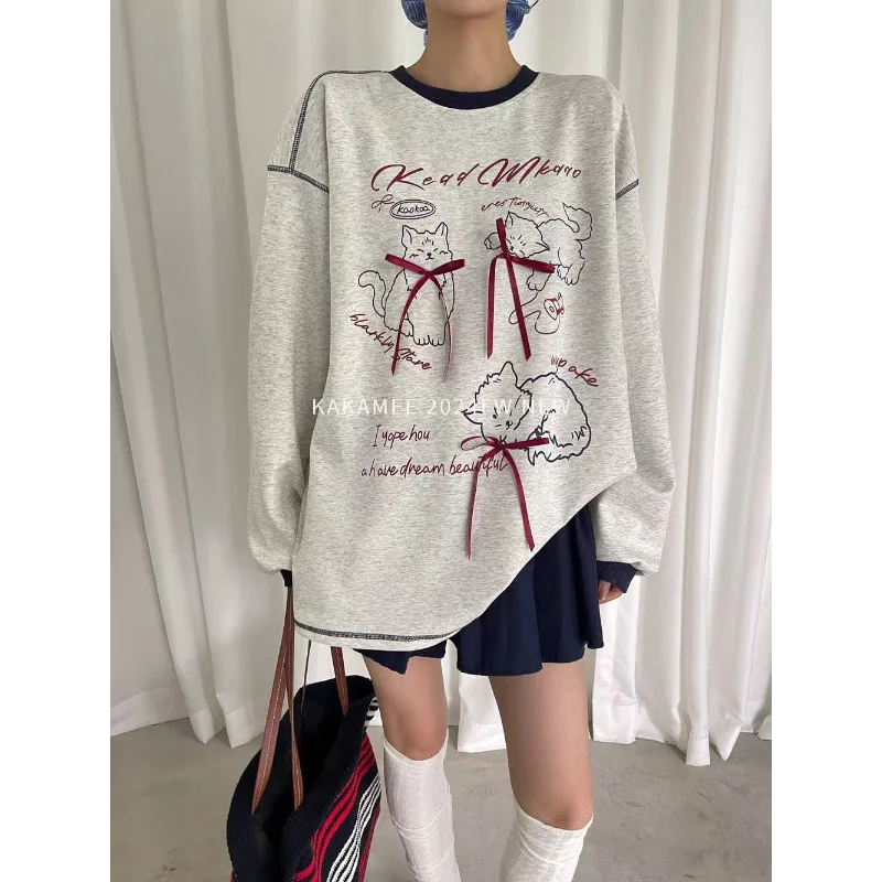 

Толстовка с длинным рукавом с принтом и бантом, женская осенняя свободная повседневная толстовка с цветными блоками