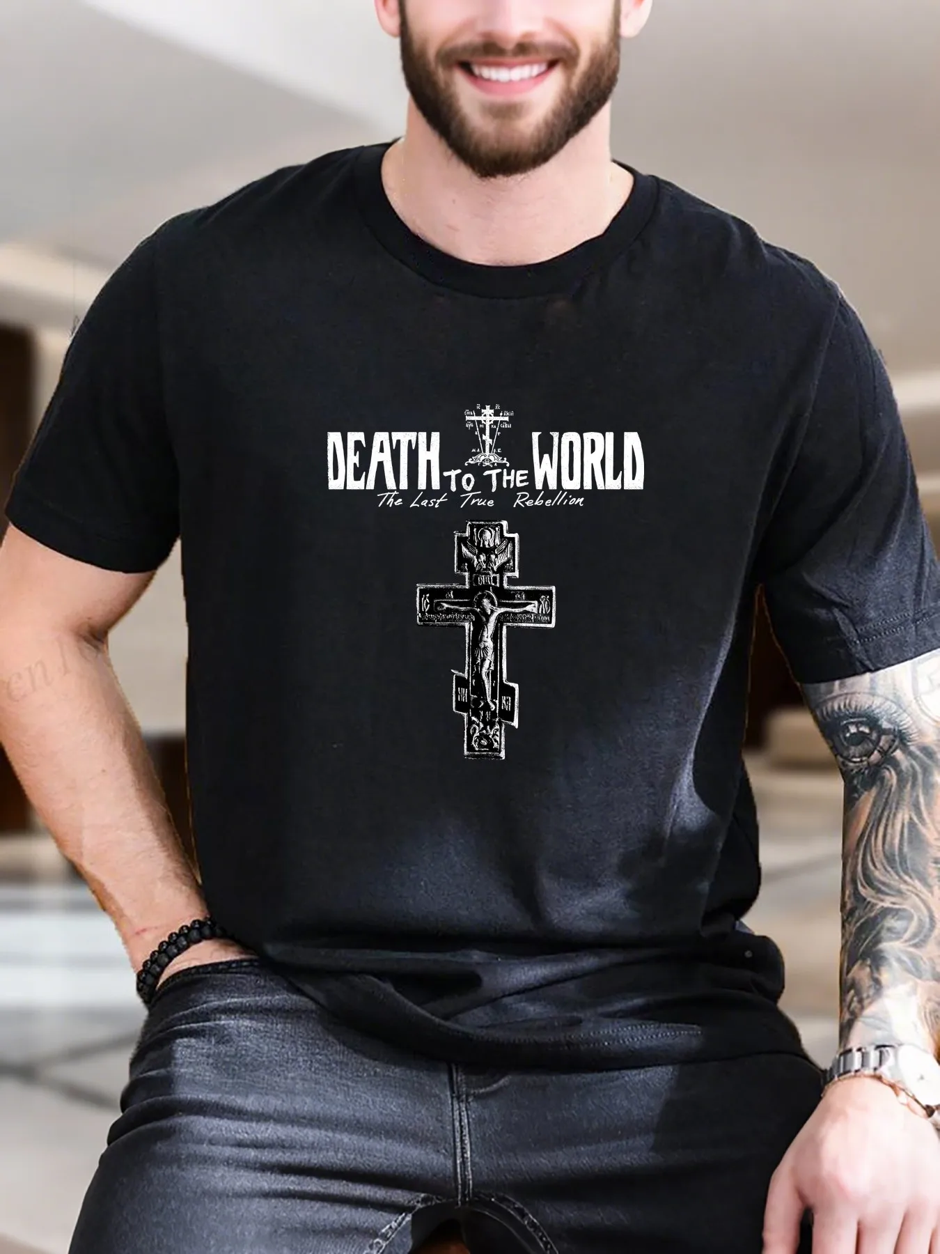 

New Arrival Fashion Men's Cotton Printed T-Shirt Black White Cross with Person Design Breathable Comfortable Casual Wear Trendy