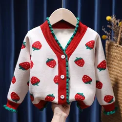 Spring Autumn Knitted Cardigan Sweater Baby Children Clothing Girls Sweaters Strawberry Print Kids Wear Girls Clothes for 1-5 Y