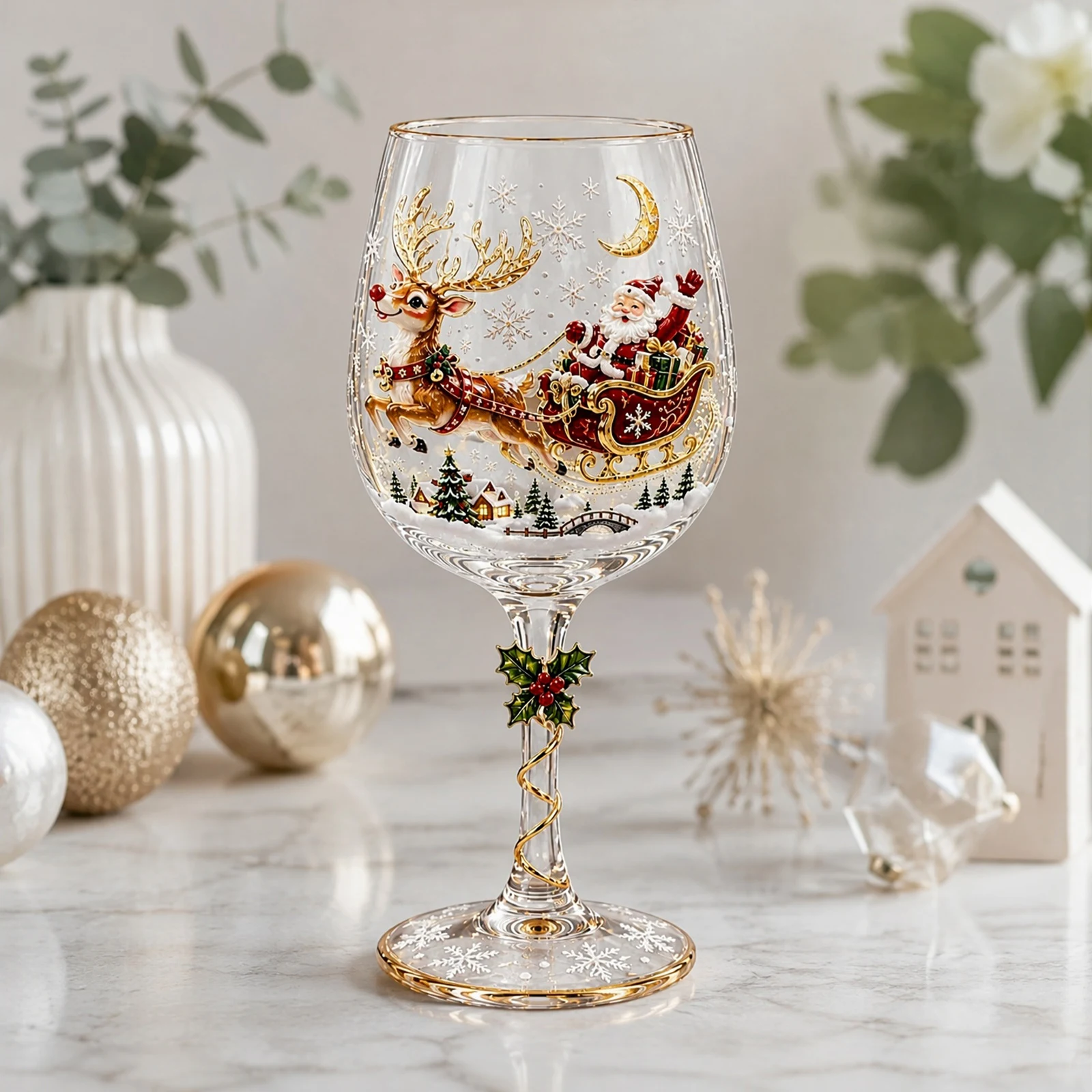 Christmas Table Decoration Wine Glass 2D Holiday Art Santa Snowman Reindeer Clear Festive Goblet
