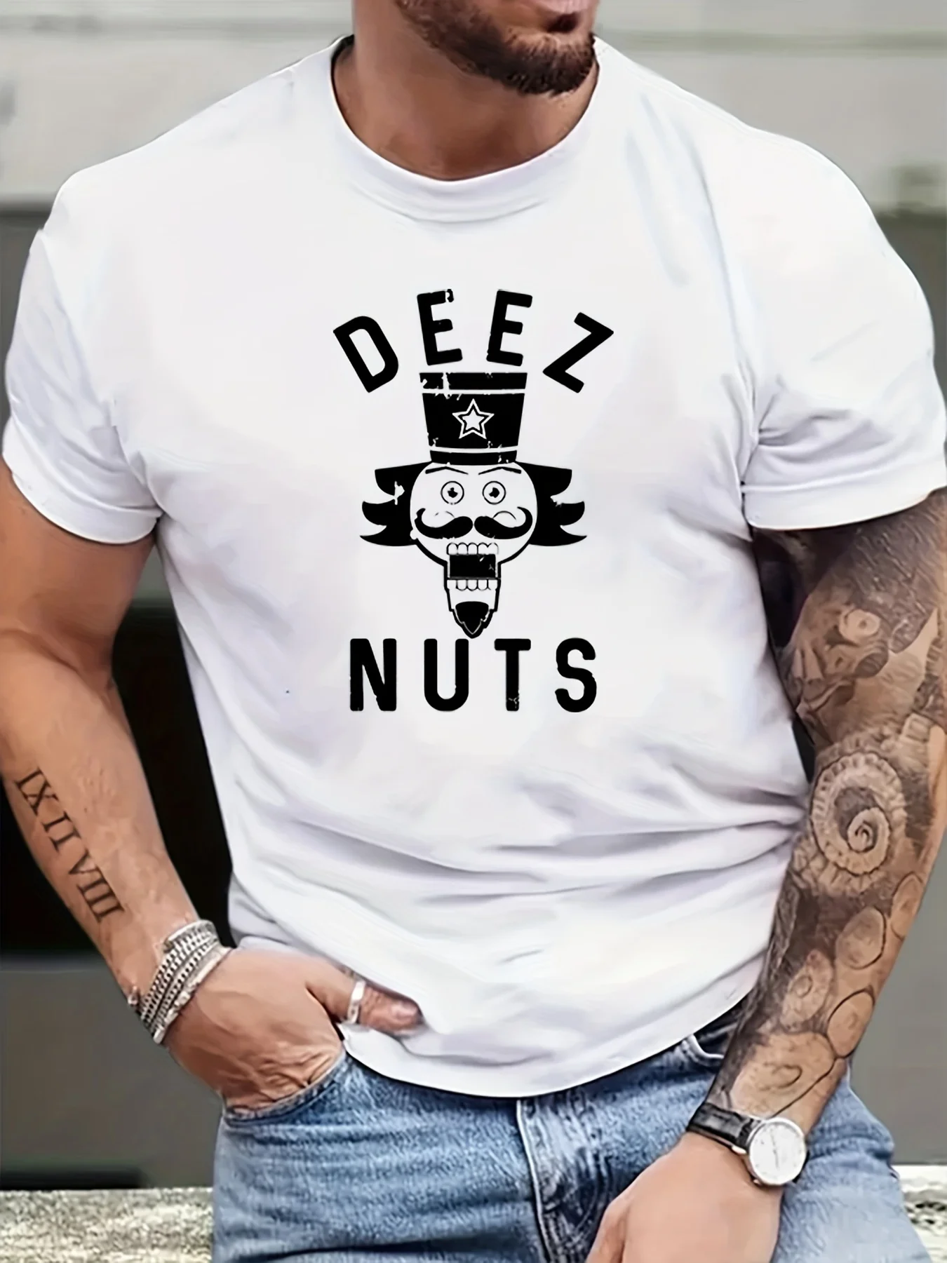 Deez Nuts Camiseta gráfica de moda para hombre con estampado divertido inglés informal cuello redondo 100% poliéster lavable a máquina