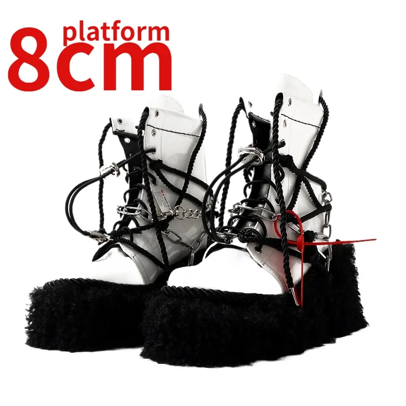 Europe/American Fashionable Street Design Chain White Boots Shoes For Women's And Mens Black Rope Strap 8cm Thick Platform Boots