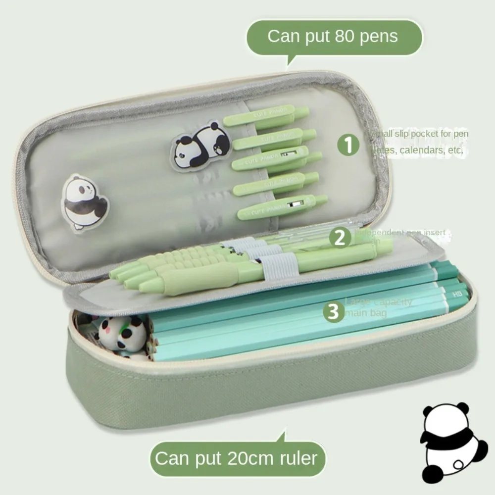 Two Layers Panda Pencil Cases Pen Holder Multifunction Large Capacity Pen Boxes Green Creative Cartoon Pen Pounch Kids