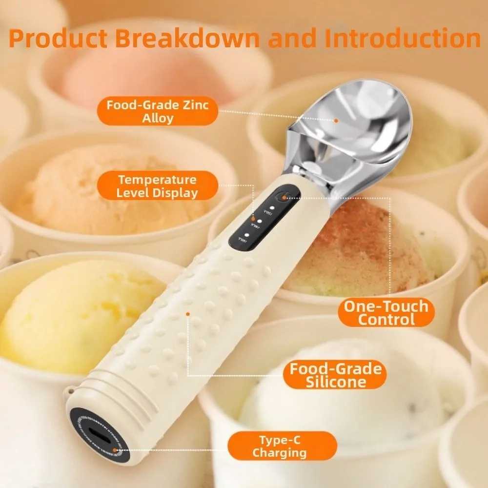 Rechargeable Heated Ice Cream Scoop Adjust Temperature LED Display Electric Preheat Scooper Consistent Heat Ergonomic Design