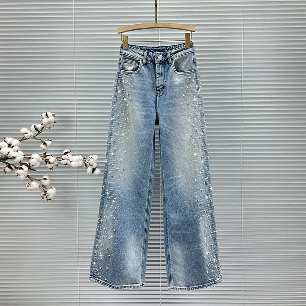 

Модные женские джинсы с широкими штанинами, украшенные стразами, прямые джинсы с блестящими стразами, винтажные прямые брюки для женщин