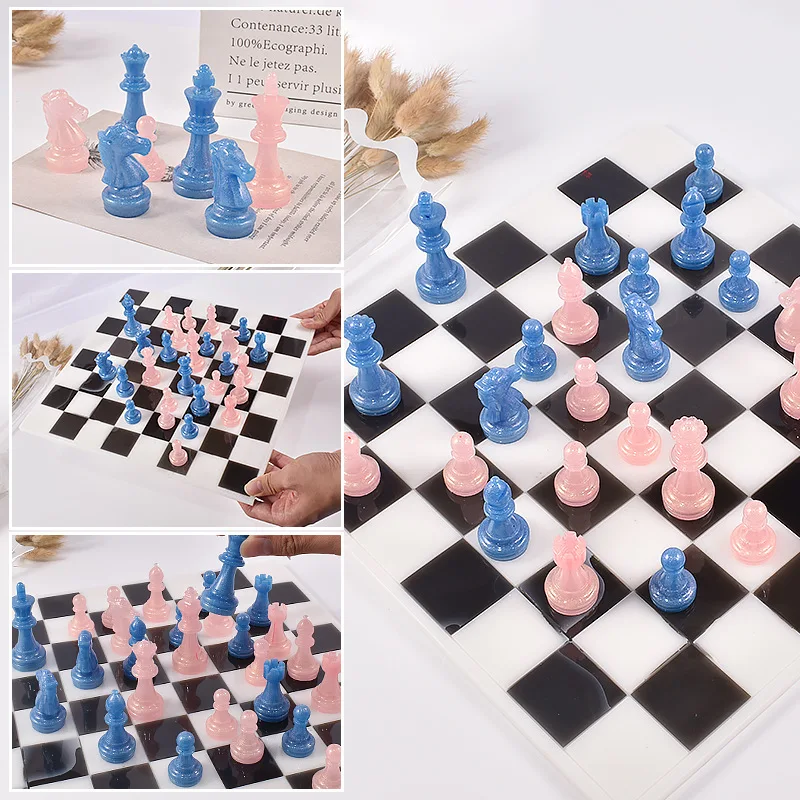 Chess Set Checkers Board Silicone Resin Mold 3D Chess Crystal Casting Molds for DIY Art Crafts Making Family Party Board Games