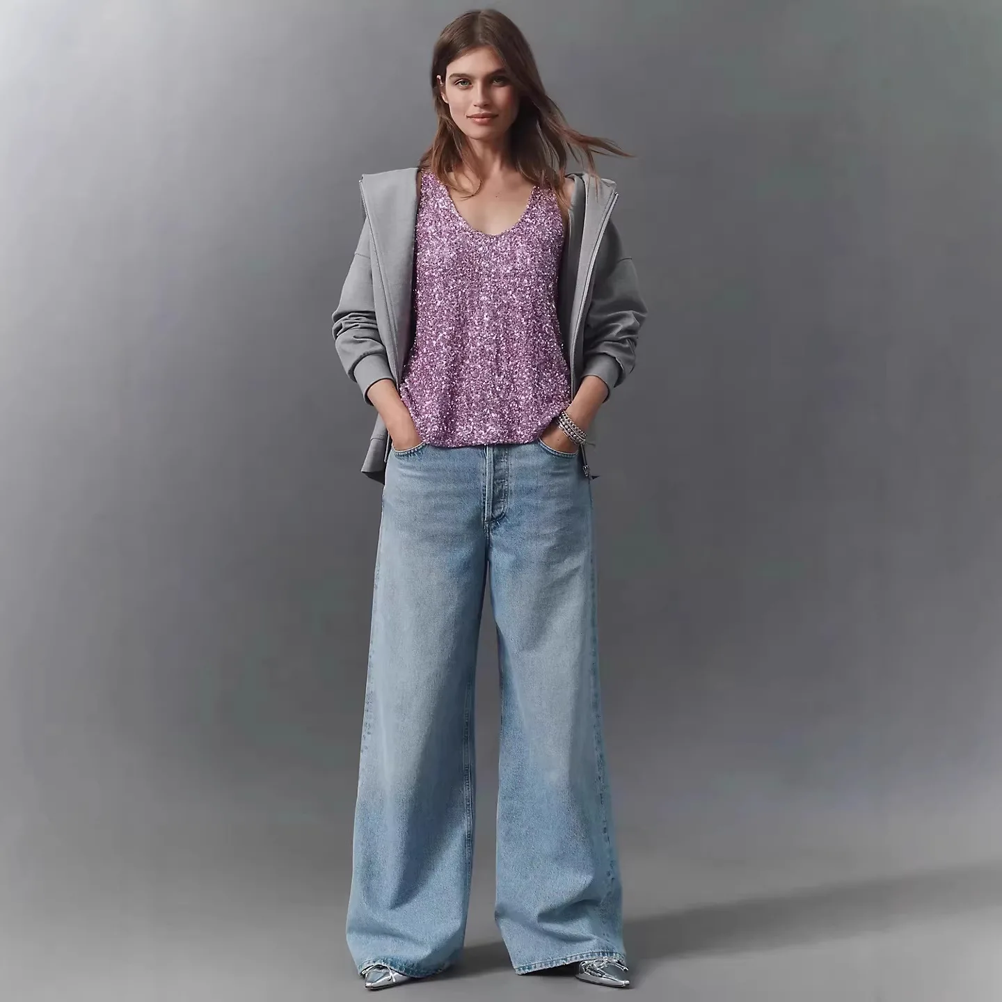 2026 Women's Commuter Sequins Loose Crew Neck Vest Women's Loose