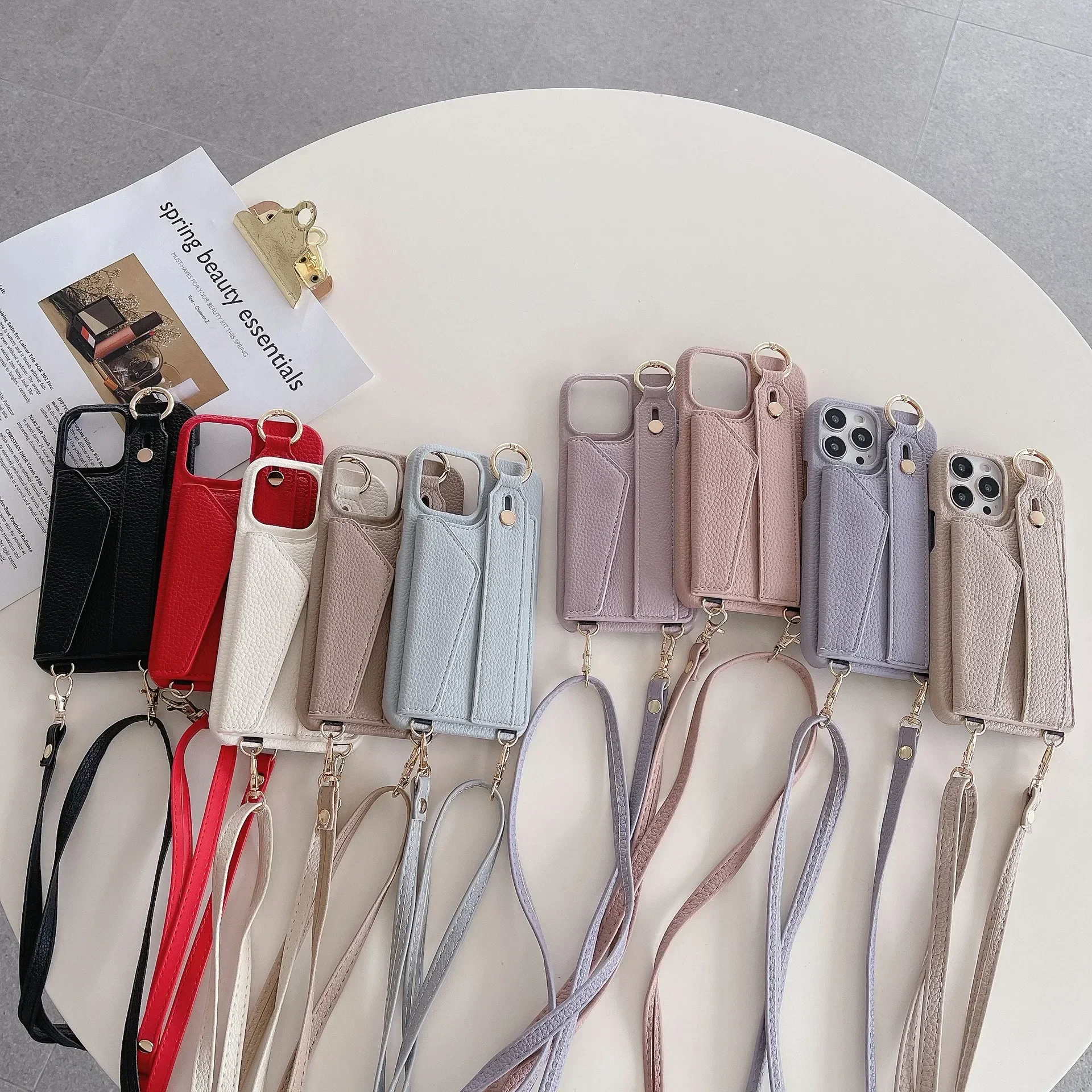 Ring-Crossbody-Handgelenkriemen-Brieftaschen-Lederhülle für iPhone 17 16 15 14 13 12 11 Pro Max Handyhülle mit Kartenfach und Lanyard – Detail 8