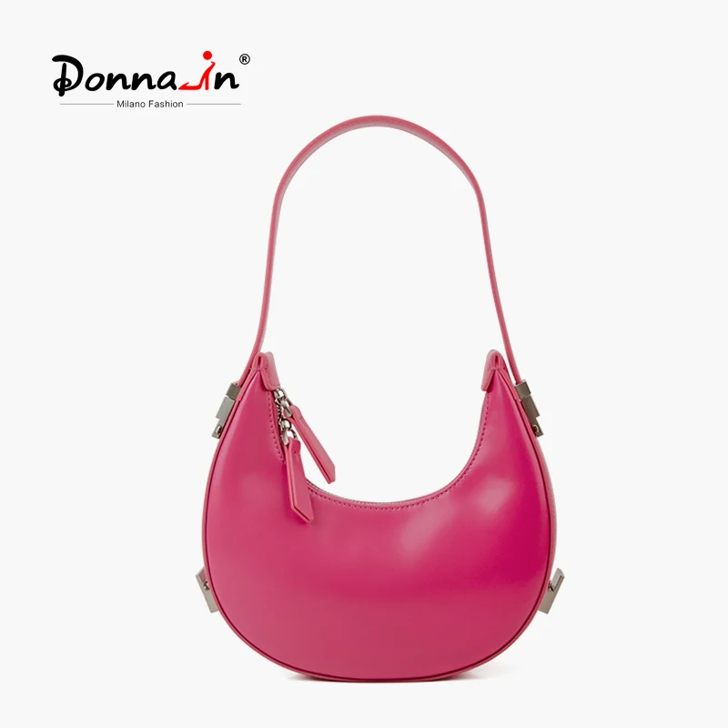 Donna-in Trendy Color Hot Pink Cowhide Leather Crescent Half Moon Clutch Handbag Women Underarm Shoulder Bag Design Fashion 2023