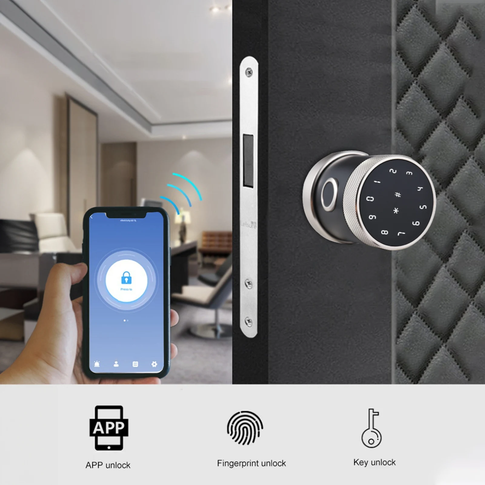 5-in-1 Unlock Smart Door Lock Keyless Entry Biometric Door Knob with Keypad BT Tuya App Remote Control Password Fingerprint Door