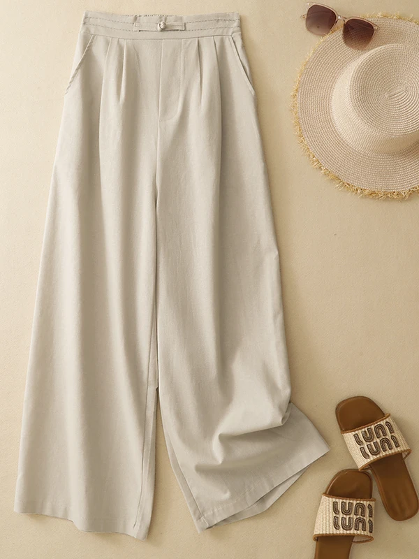 Casual High Waist Wide Leg Pants Women's Pure Color Cotton Linen Straight Cut Loose Fitting Summer Slimming Nine Point Trousers