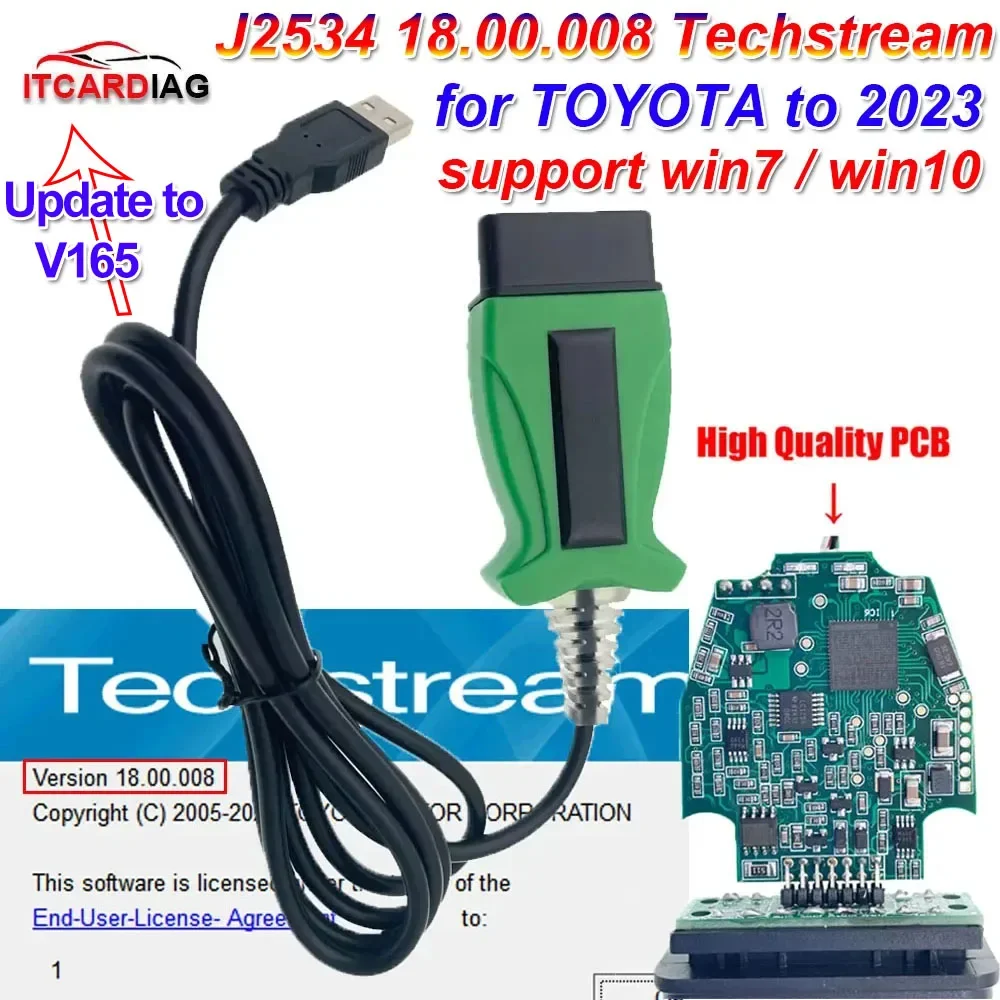 V165 DLC3 18.00.008 Techstream para TOYOTA 2 TOYOTA2 TIS J2534 Passthru OBDII OBD2 AutoCar Cable de diagnóstico escáner hasta 2023 años