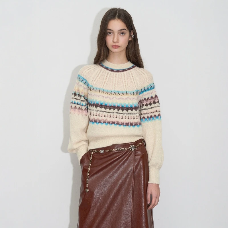 

Retro Style Knitted Sweater Hollow out round Neck Floral Print Color Block Cozy Warm Women's Long Sleeve Fashion Top