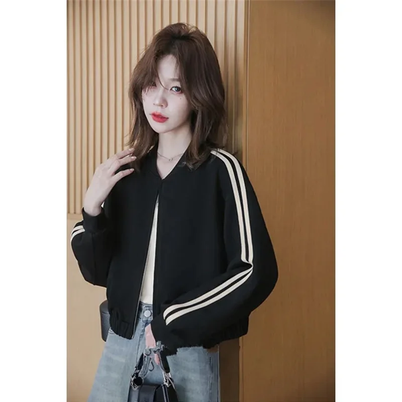 

2024 Women Fashion Cardigan Baseball Jacket Female Short Long Sleeves Color Collision Outwear Ladies Loose Fitting Zipper Coat