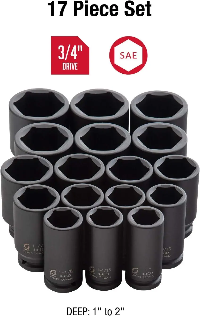 Sunex Tools 4685, 3/4 Inch Drive Deep Impact Socket Set, 17-Piece, Sae, 1