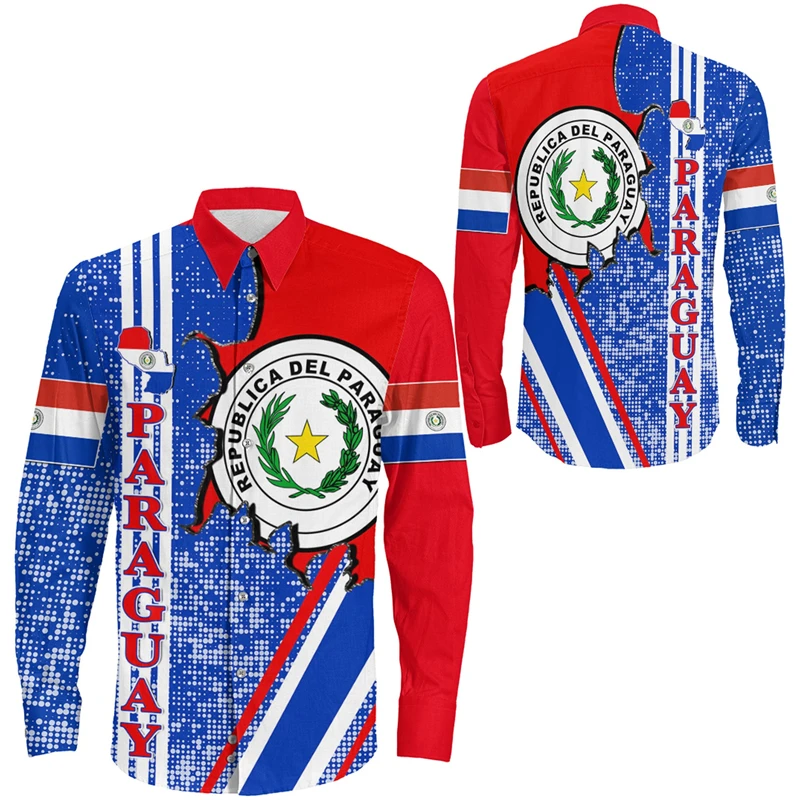 

Paraguay Flag Map 3D Print Shirts For Men Clothes Casual Long Sleeve Shirt National Emblem Lapel Blouse Coat Of Arms Button Tops