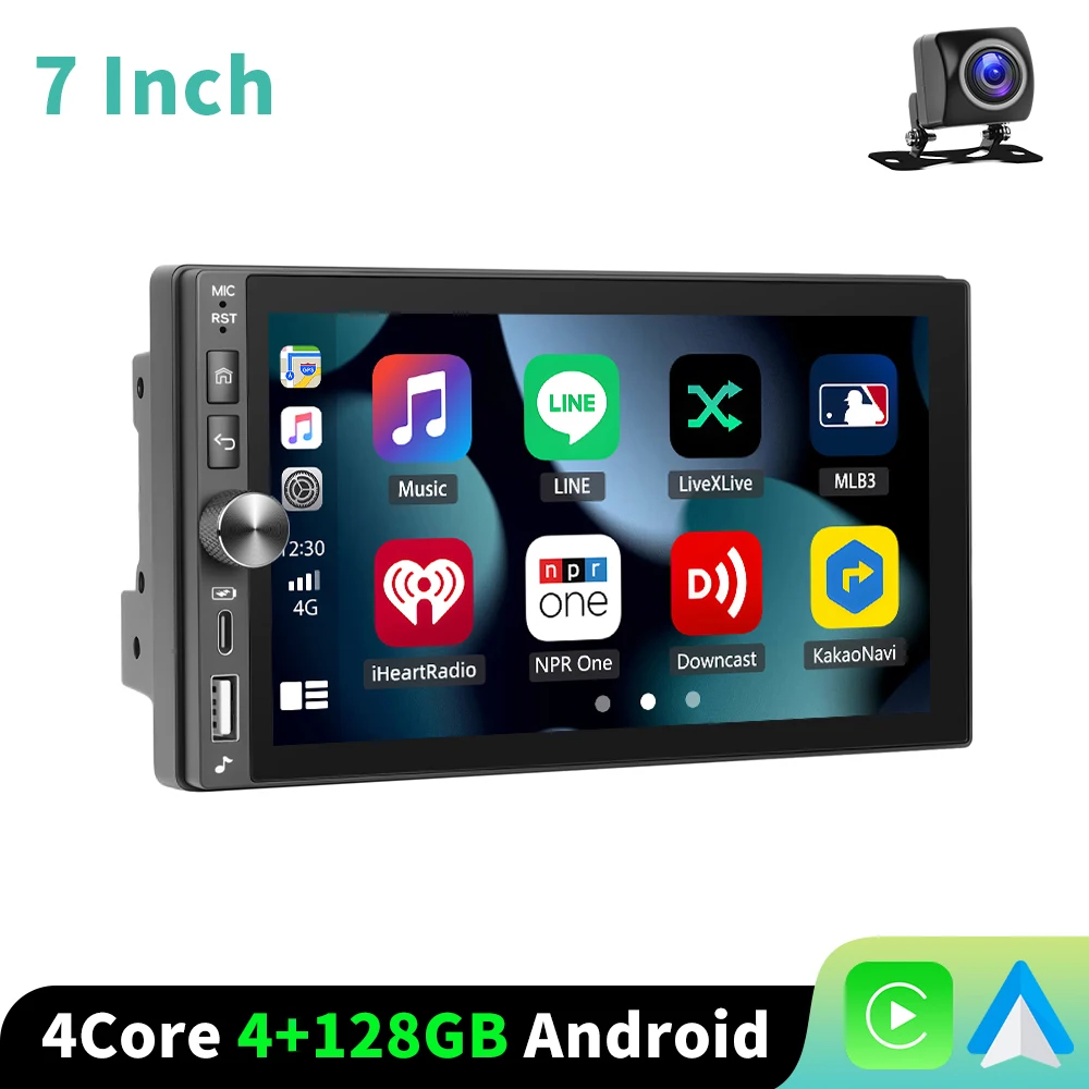 Podofo 4+128GB draadloze CarPlay Android Auto autoradio FM/RDS GPS navigatie WIFI BT EQ 7'' universele autoradio