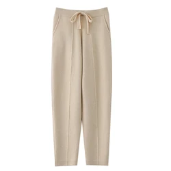100% merino wool women's knitted trousers, popular, fashionable, warm, small-leg pants, 2024 autumn and winter new style