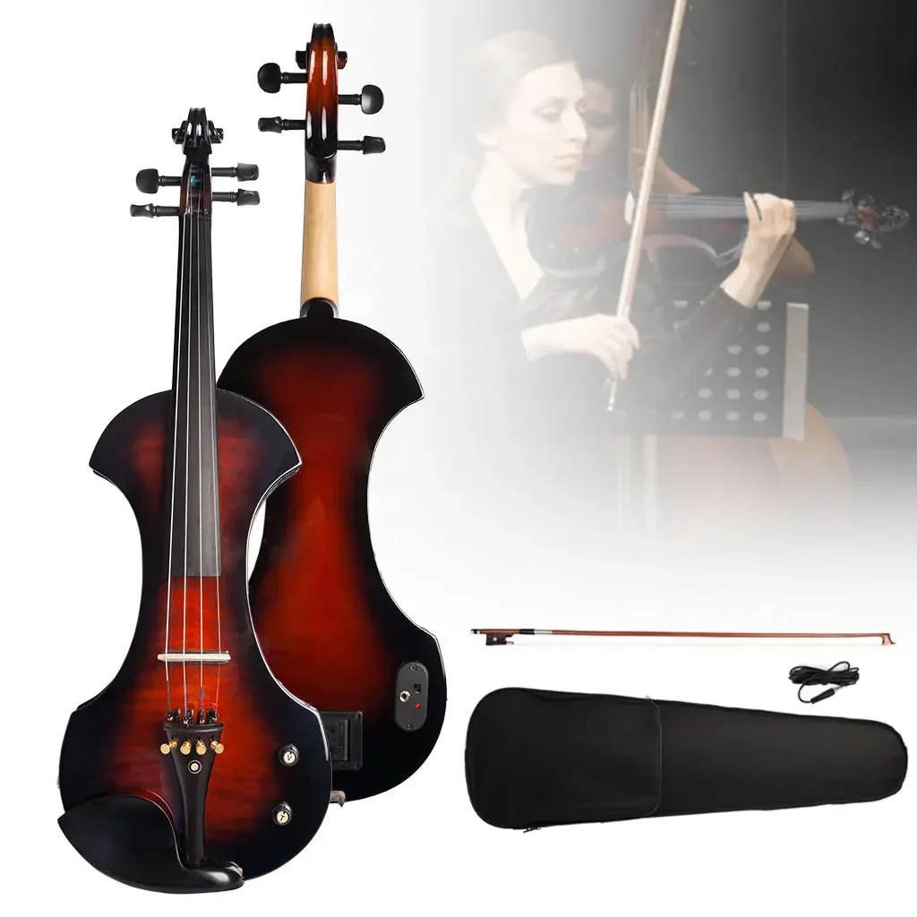 Great Quality Tiger Flamed 4/4 Size Electric Violin Kit Silent Fiddle Pickup Bow With Violins Case Whole KIT