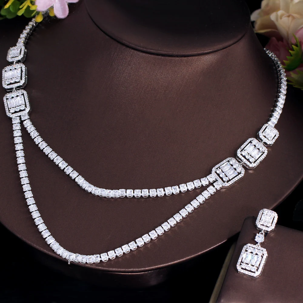 CWWZircons Shiny White Cubic Zirconia Double Layered Wedding Evening Necklace Bridal Party Wear Jewelry Sets for Women T731