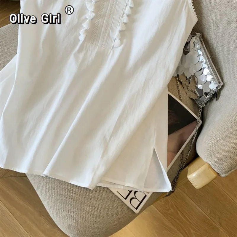 Olivegirl High-end Women's top shorts set Linen V-neck Crewneck Vest Cotton-Linen Lightweight Top Summer Set Wide-Leg Shorts