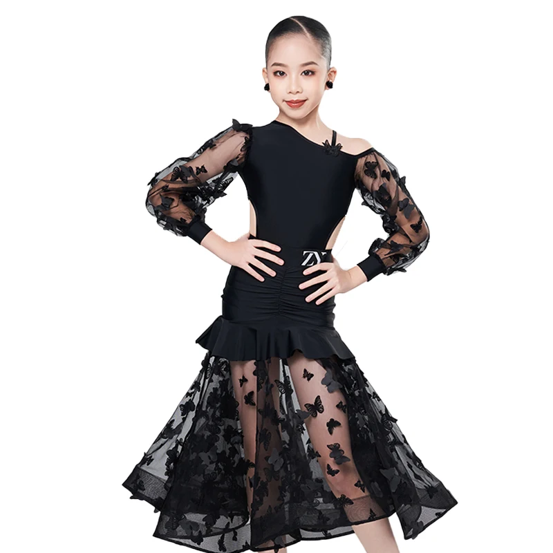 Robes de danse professionnelles pour enfants filles robe de danse latine en maille noire vêtements de danse de salon de valse pour enfants vêtements de scène SL11992