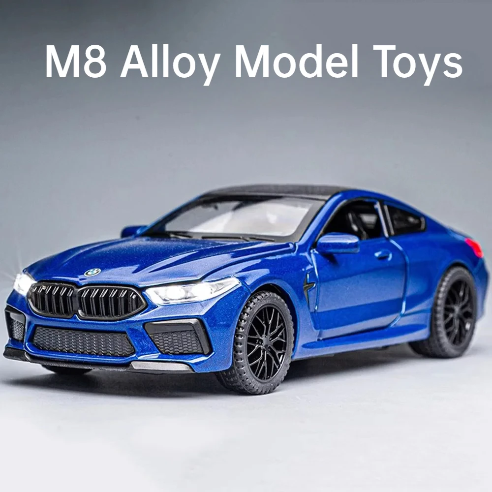 1:32 BMW M8 Alloy Diecast Toys Miniature Car Model Sports Cars 4 Doors Opened Sound Light Pull Back Vehicles Kids Festival Gifts