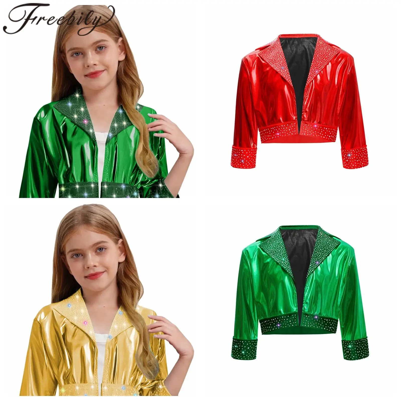 

Kids Girls Shiny Metallic Hip Hop Jacket Dancewear Jazz Dance Costume Top Outerwear Lapel Collar Streetwear Children's Coats