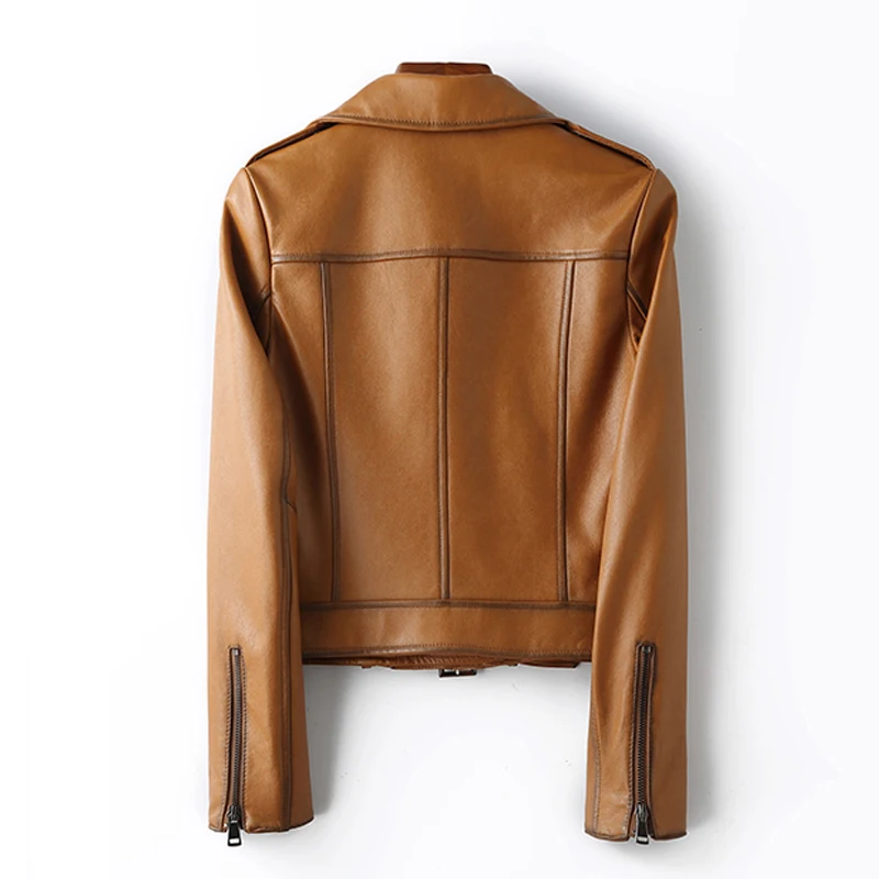 Veste de Moto et de motard pour femme, manteaux en cuir véritable, court, Slim, fermeture éclair à revers, en peau de mouton, mode printemps 2026