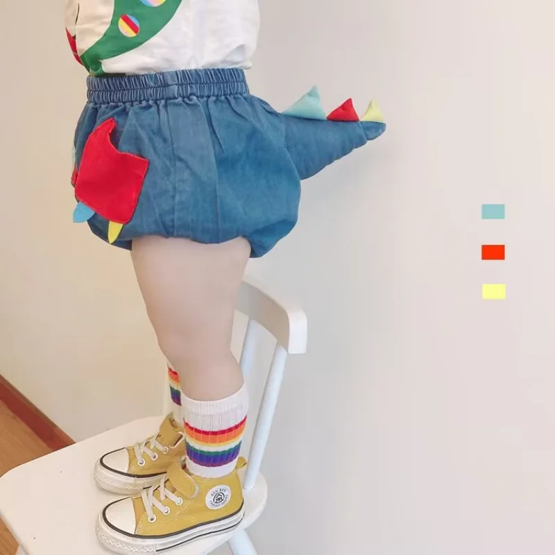

2025 Summer Boys 3D Dinosaur Bloomers Pants Baby Girls Ruffle Denim Shorts Summer 2025 Cute Kids High Waist Toddler Baby Pants