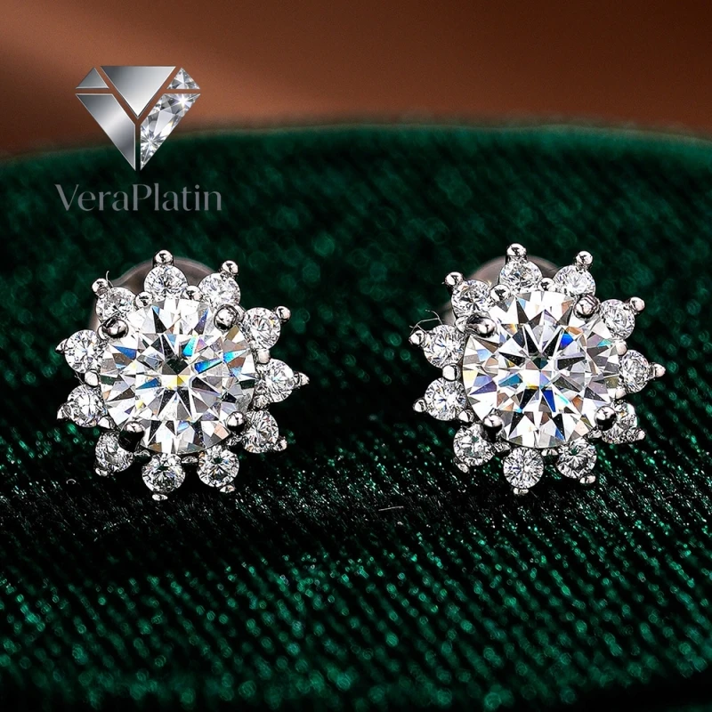 

VeraPlatin Lover Valentine's Day 18K White Gold Women Wedding 0.5CT Moissanite Diamond Girl Friend Birthday Gift PT950 Sunflower