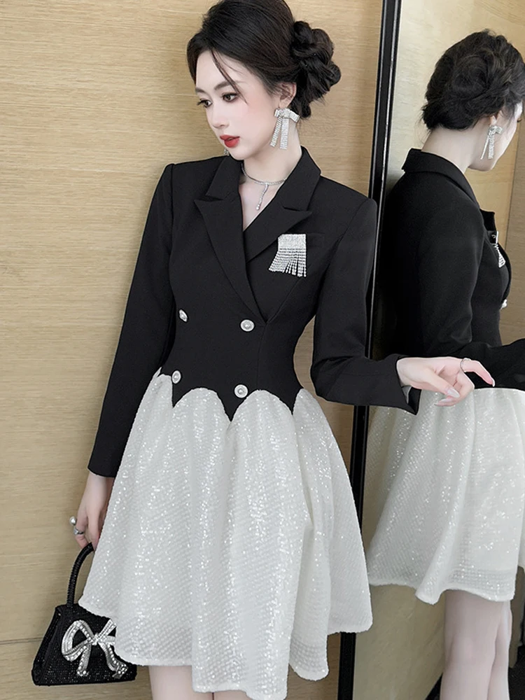 

Women Clothes Formal Occasion Blazer Sequin Long Sleeve Slim A-Line Short Dress Elegant Ladies Fashion Party Vestido Commute New