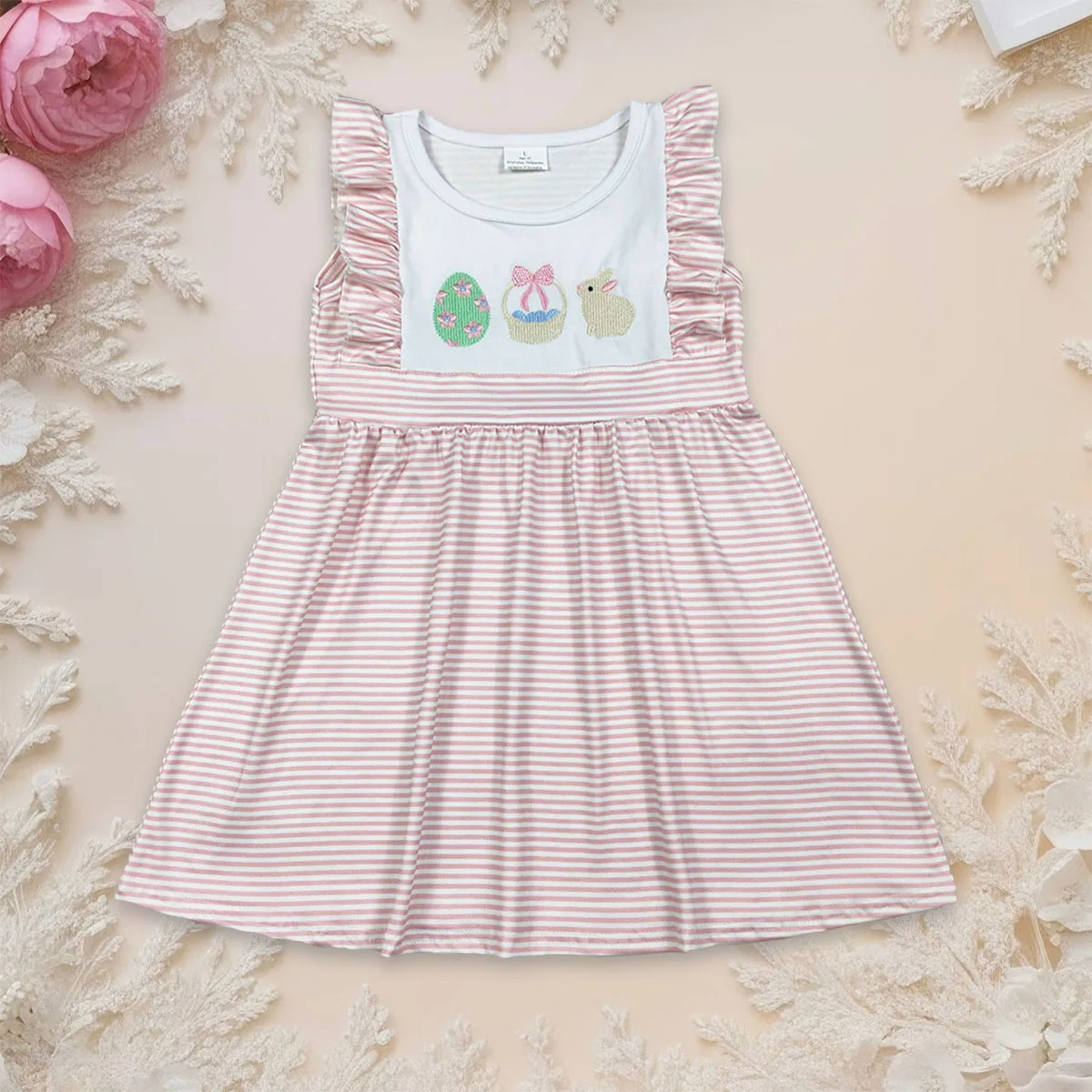 

Baby Girl Sleeveless Embroidery Rabbit Eggs Easter Princess Dress Breathable Clothing Cotton Ruffle Knee Length Dresses Clothes