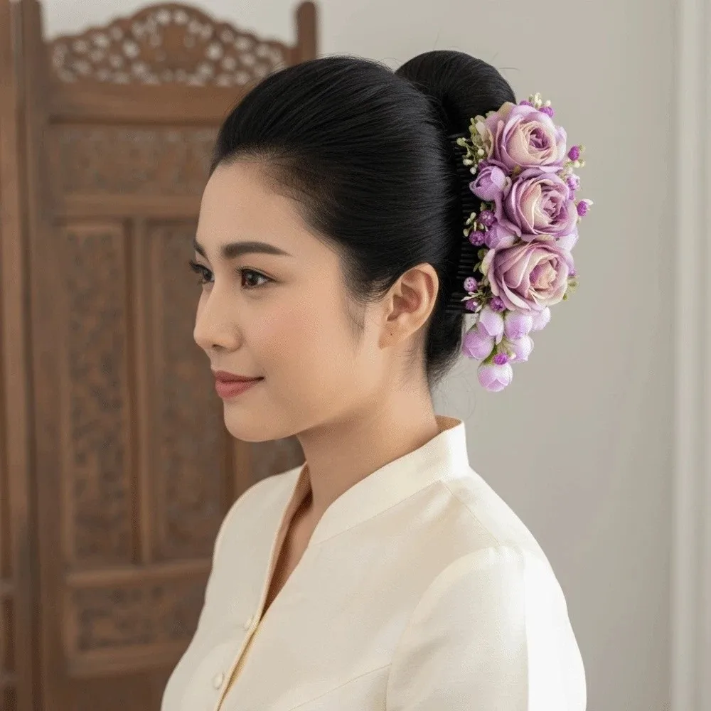 

Elegant Sweet Flowers Hairpin Rose Floral Headwear Rose Hair Comb Plastic Cloth Chignon Hair Clips Party