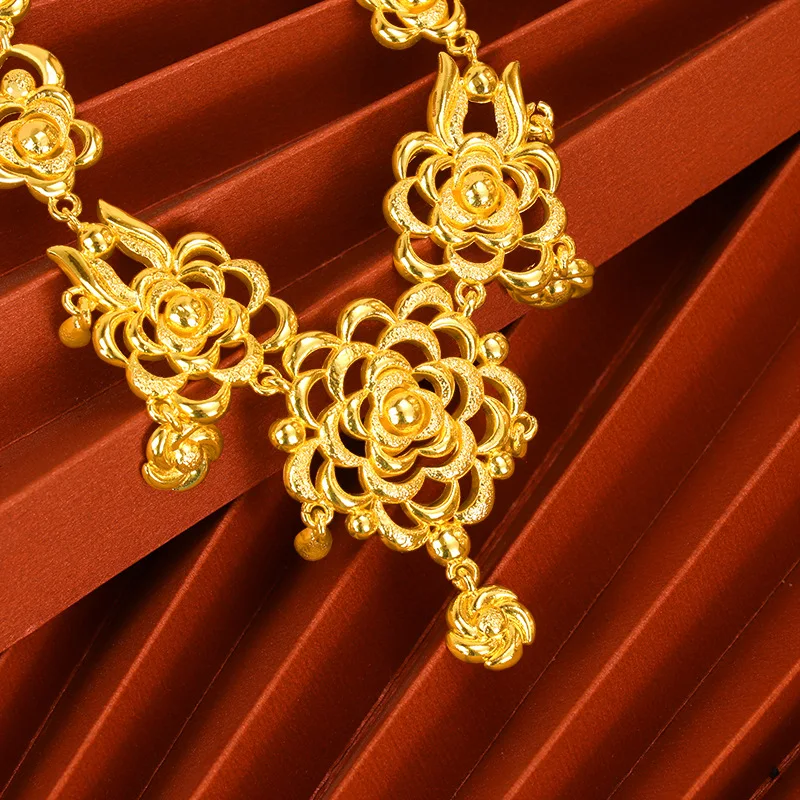 Luxury 24K 9999 Pure Gold real gold Women's Wedding Flower Chain Saudi Dubai Bride Wedding Necklace