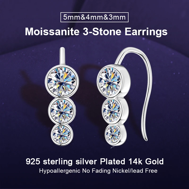 

IOGOU 1.8CTTW. Three Stones Moissanite Earrings for Women Silver 925 Fashion U-Shape Hook Earrings Lal Diamond Jewelry Certified