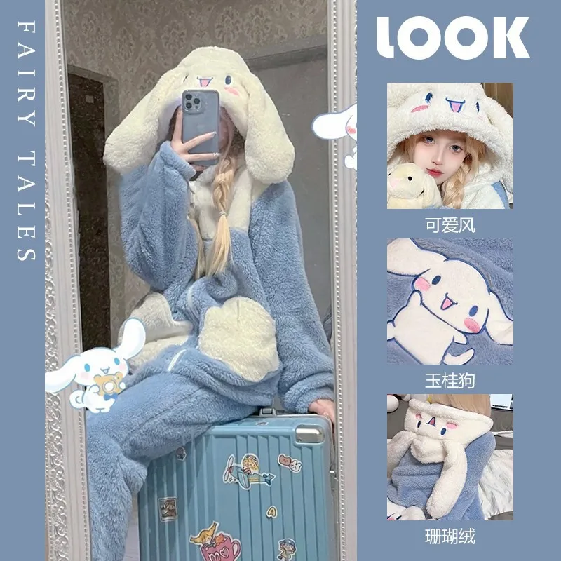 

Kawaii Cinnamoroll плюшевый пижамный костюм Sanrioed с героями мультфильмов на весну и зиму, женская домашняя одежда с капюшоном, милые утепленные милые топы для девочек, брюки