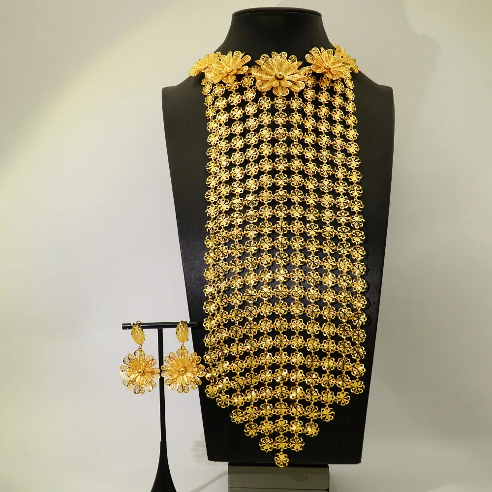 Large flower hollow necklace earrings 2 set for women 24K gold, AU999 gold quenching and beautiful Chinese retro style